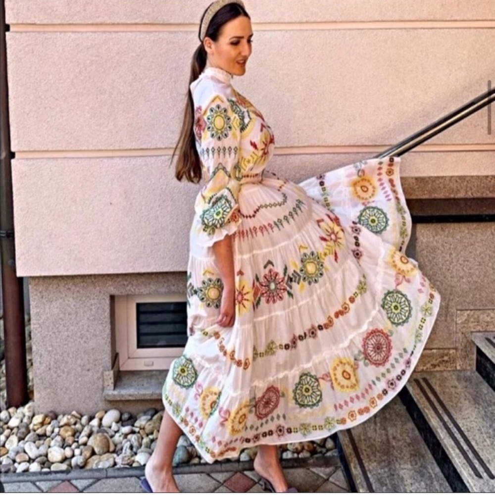 Zara White Midi Dress with Yellow, Green and Red Floral Embroidery